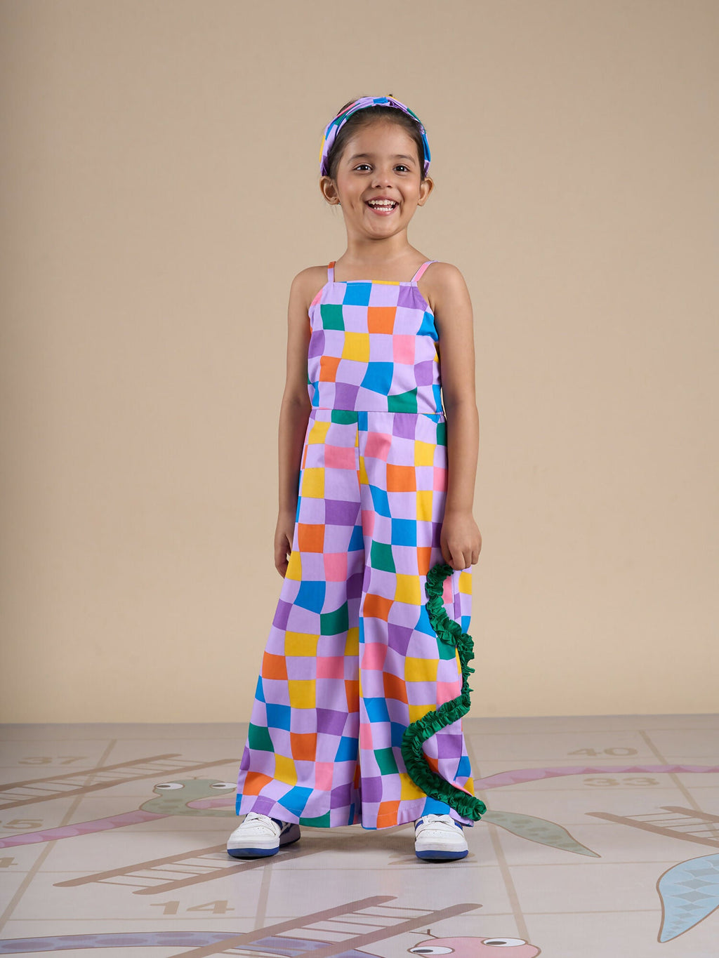 Snakes and Ladders Girls Multi Color Rotary Print Jumpsuit from Siblings Collection | Grocsy