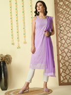 Myshka Women's Lavender Georgette Sleeveless Straight Party Kurta With Dupatta Set | Grocsy