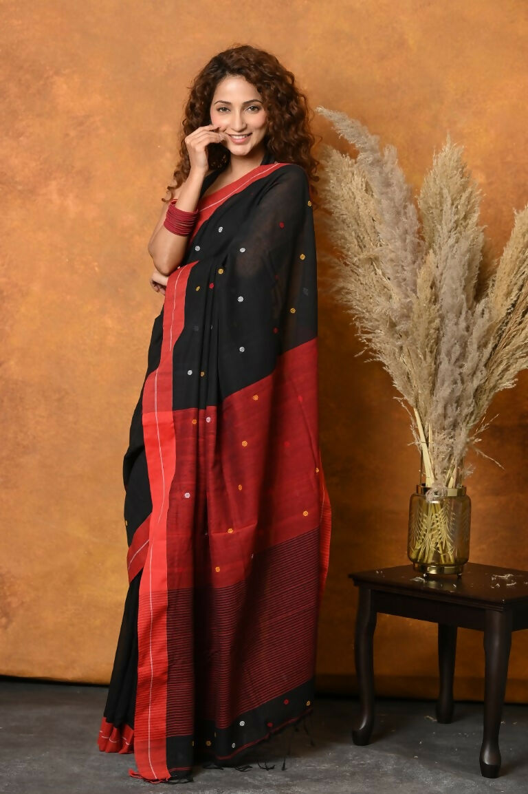 Very Much Indian Pure Cotton Handloom Saree with Buttis & Sleek Border - Black | Grocsy
