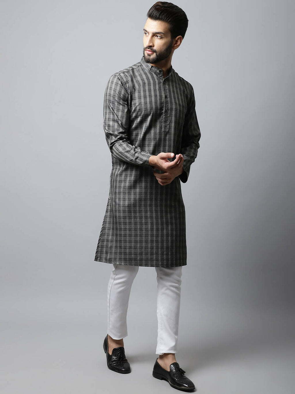 Even Apparels Brown Color Cotton Checked Men's Kurta With Band Collar (CHK1157) | Grocsy