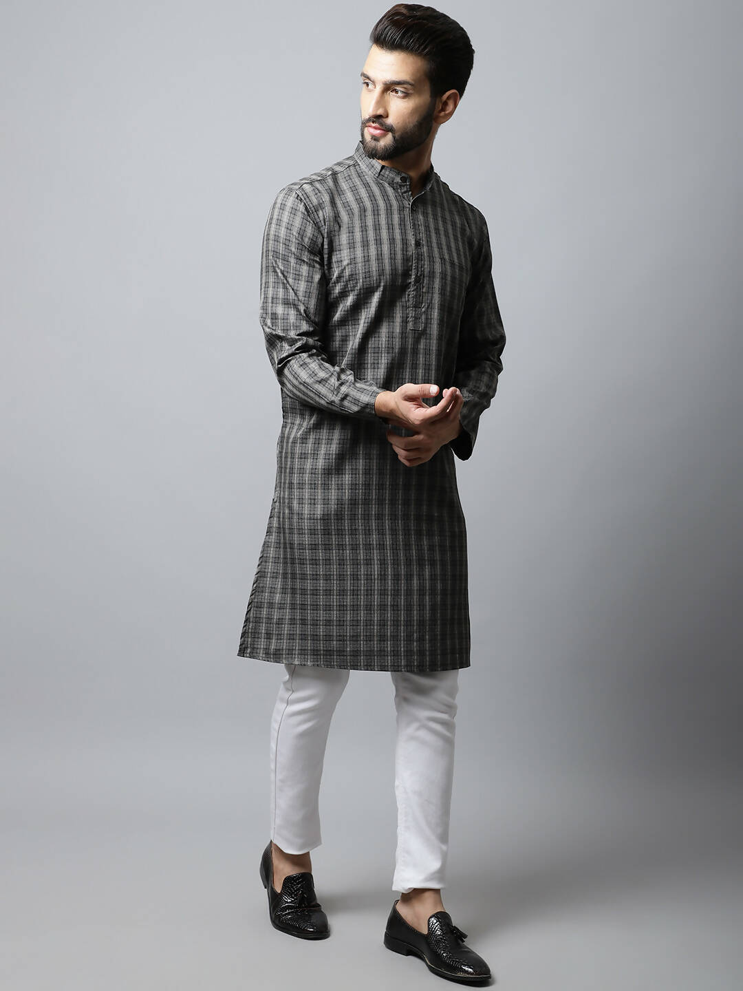Even Apparels Brown Color Cotton Checked Men's Kurta With Band Collar (CHK1157) | Grocsy