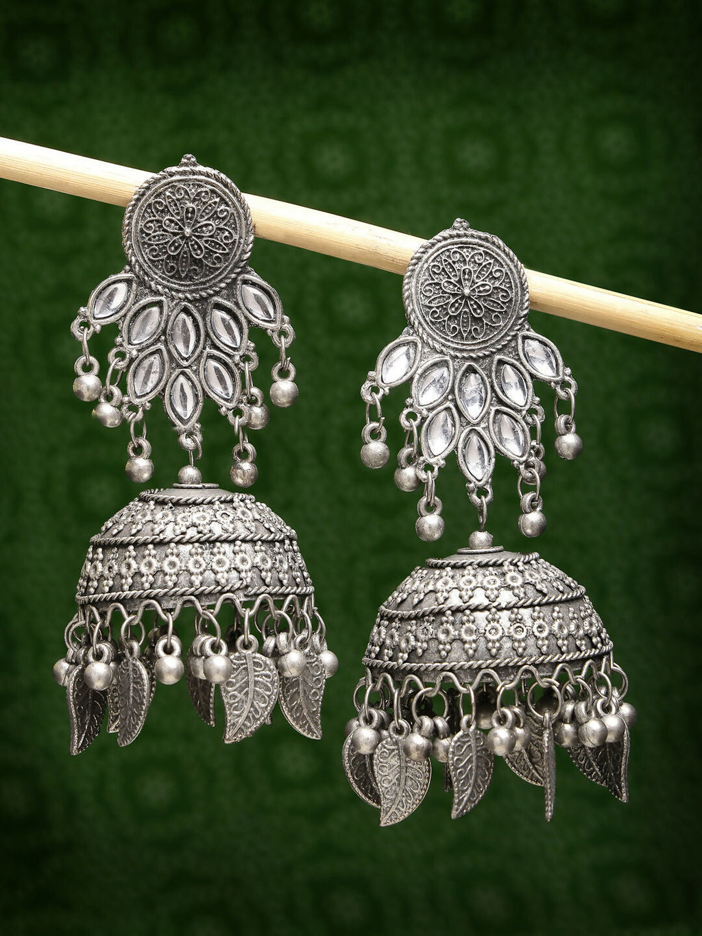 NVR Women's Silver-Plated Oxidised Artificial Stones Dome Shaped Jhumka Earrings | Grocsy