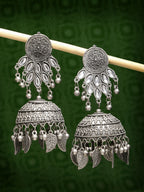 NVR Women's Silver-Plated Oxidised Artificial Stones Dome Shaped Jhumka Earrings | Grocsy