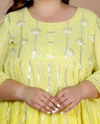 Miravan Women's Plus Size Cotton Embroidery And Lace Work Yellow Party Wear Anarkali Kurta | Grocsy