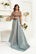 Joban Fashion Grey  Striped Linen Ready To Wear Saree With Unstitched Blouse | Grocsy