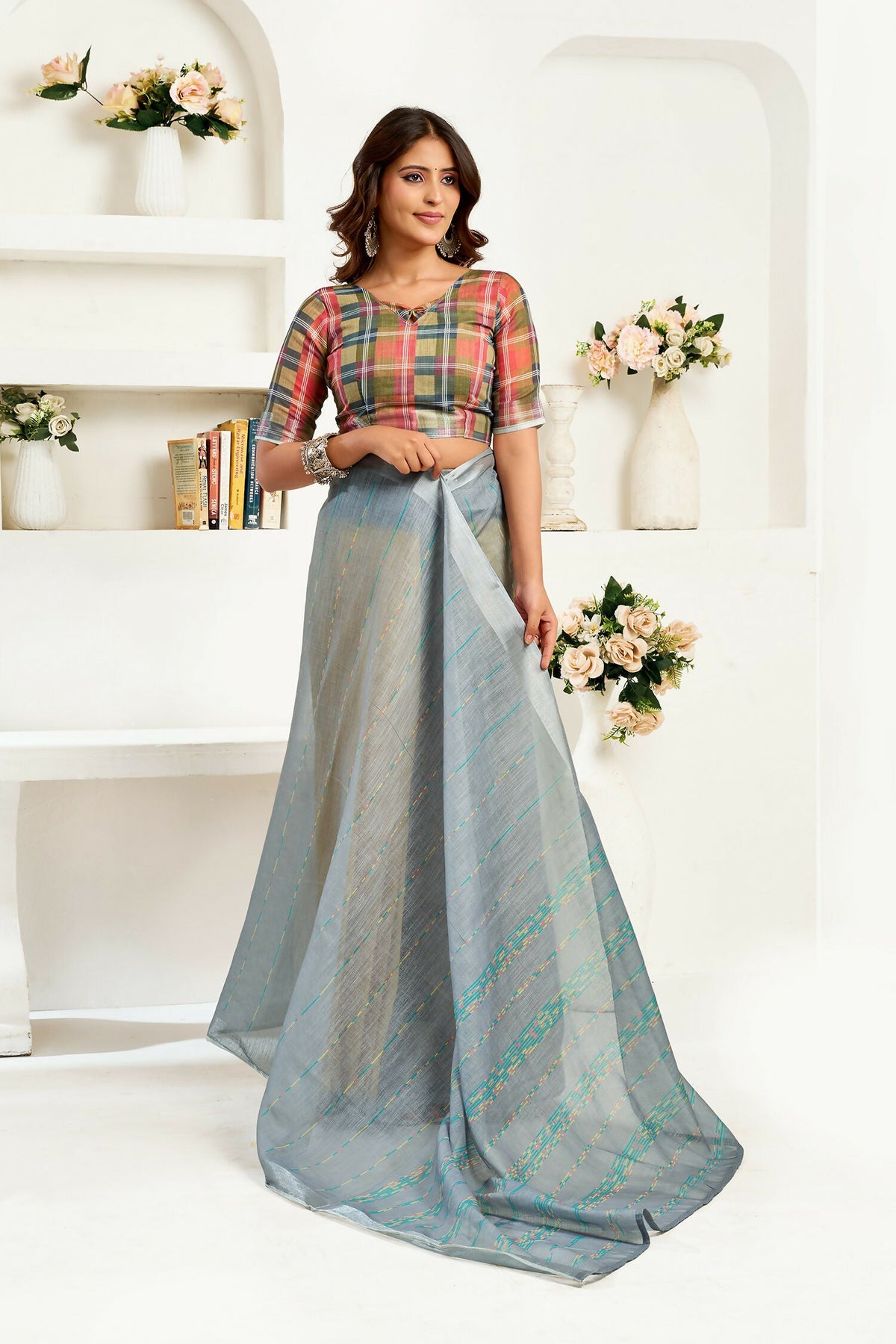 Joban Fashion Grey  Striped Linen Ready To Wear Saree With Unstitched Blouse | Grocsy