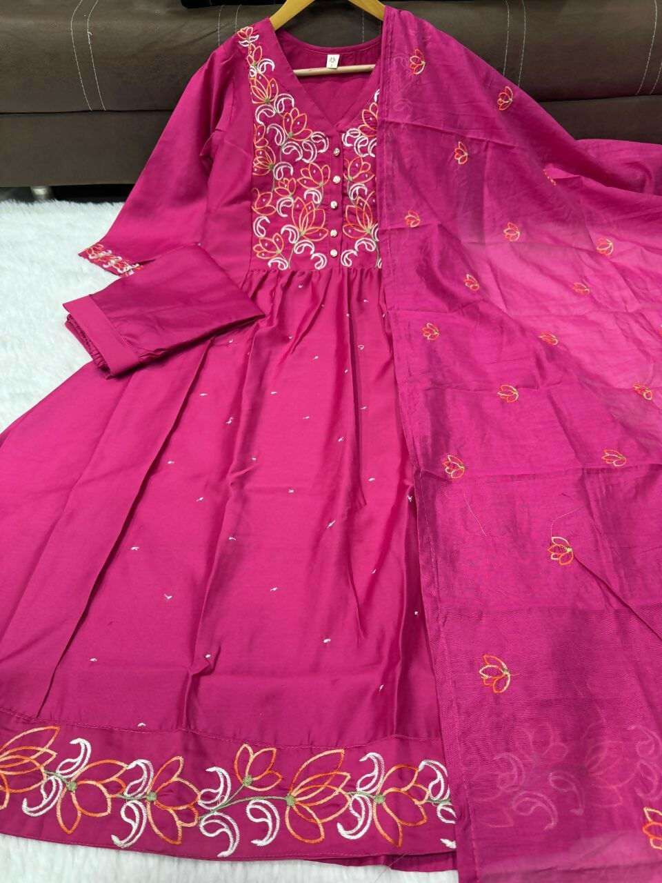 Teeya Creation Elegant Hot Pink Flared Anarkali Kurti And Dupatta Set For Women | Grocsy