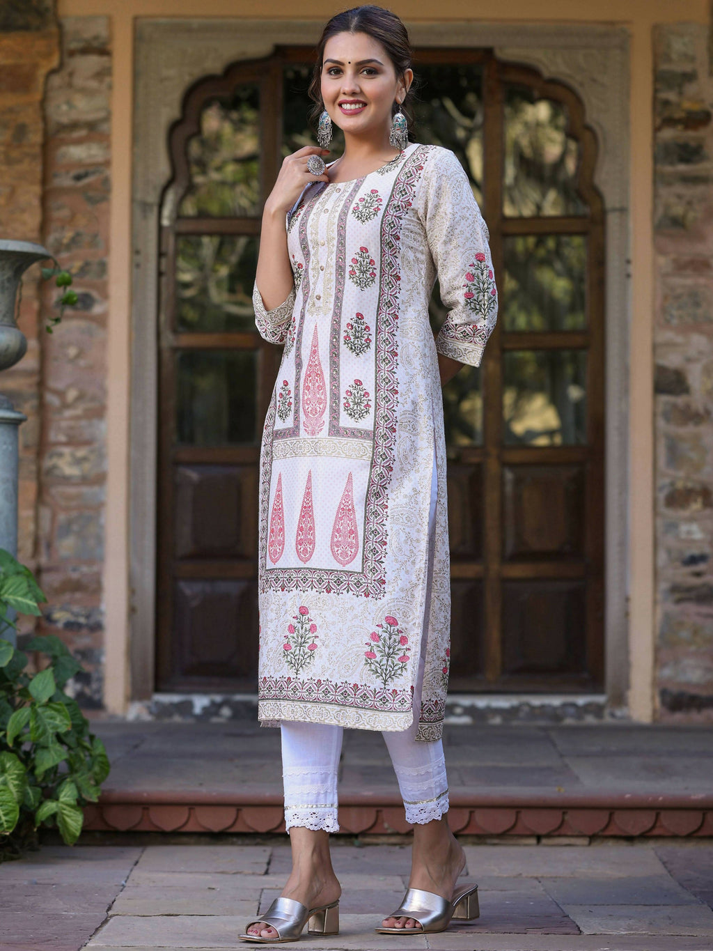 Juniper Women's Pink Viscose Shantoon Festive Printed Straight Kurta | Grocsy