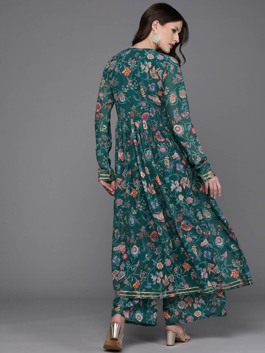 Ahalyaa Women Floral Printed Angrakha Kurta with Palazzos - Green Color | Grocsy