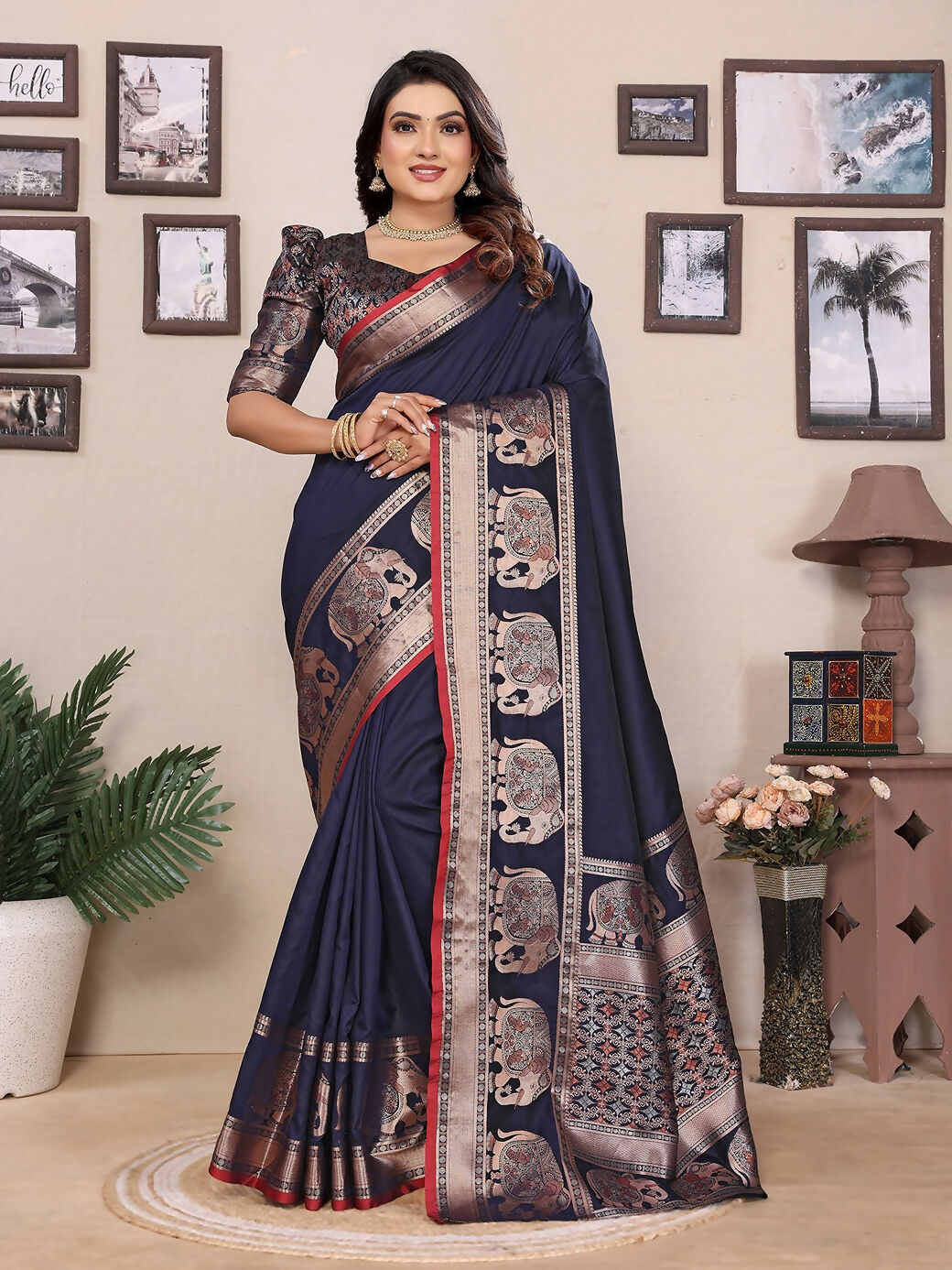 Joban Fashion Dark Blue Solid Banarasi Silk Sarees | Grocsy
