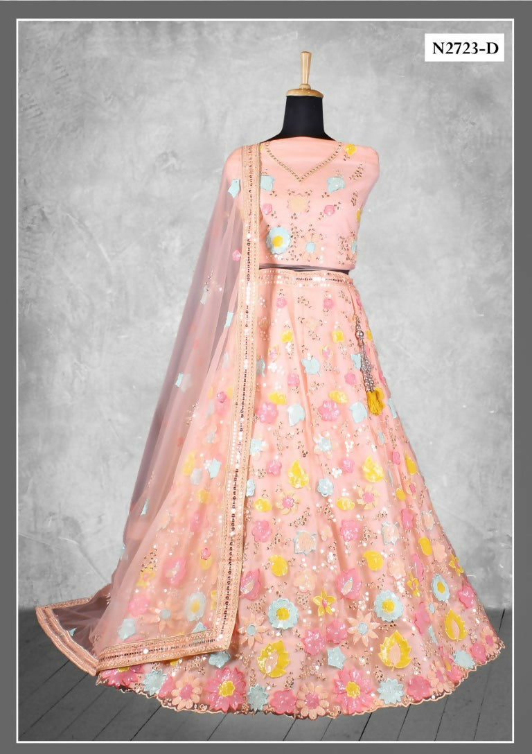 Peach Net Thread With Sequence Work Lahenga Choli - Nimaya Ishani | Grocsy