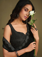 Black Crepe Silk Sequence Embroidered & Stone Work With Sequence Work Jacket Saree With Stitched Blouse - Mohmanthan La Belle | Grocsy