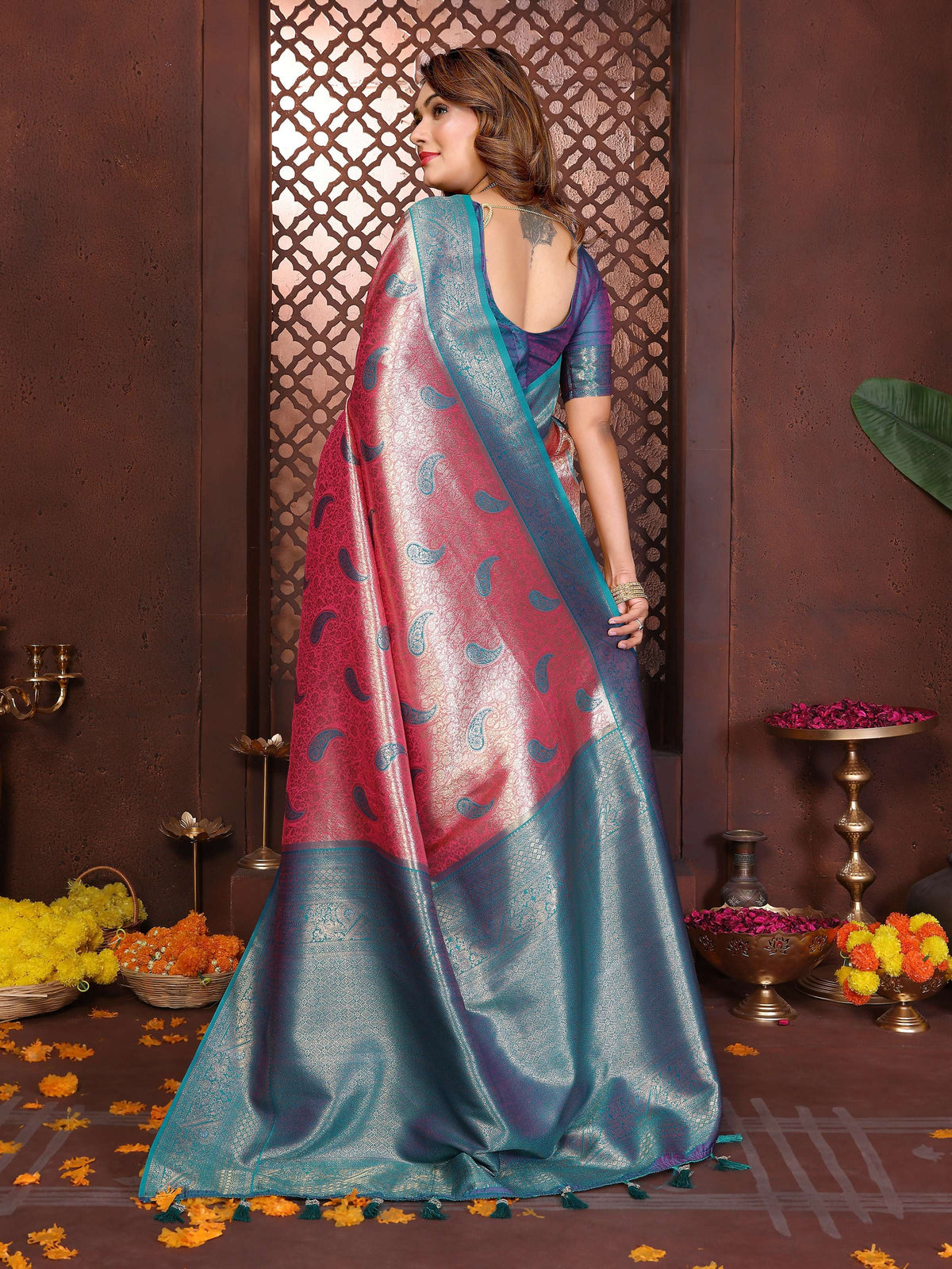 Aastha Fashion Magenta Tissue Silk Weaving Saree | Grocsy