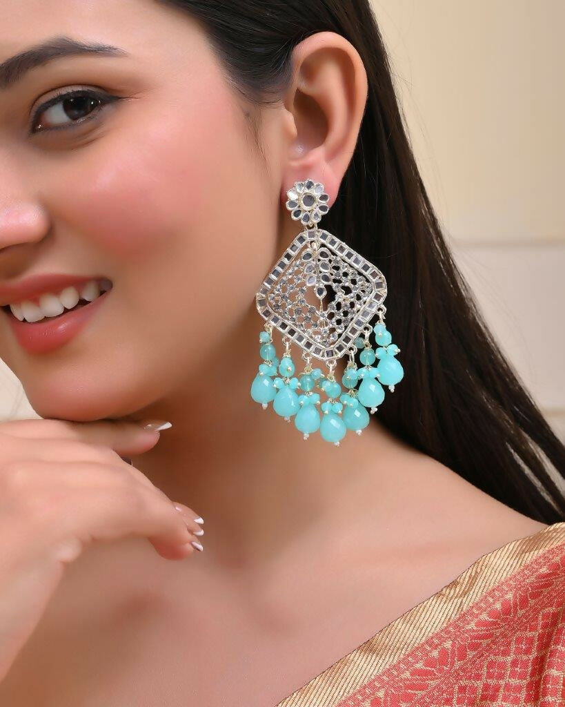VOJ Gold-Polished Kundan And Teal Stone Studded Drop Earrings