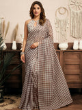 Joban Fashion Beige Checked Linen Ready To Wear Saree With Unstitched Blouse | Grocsy
