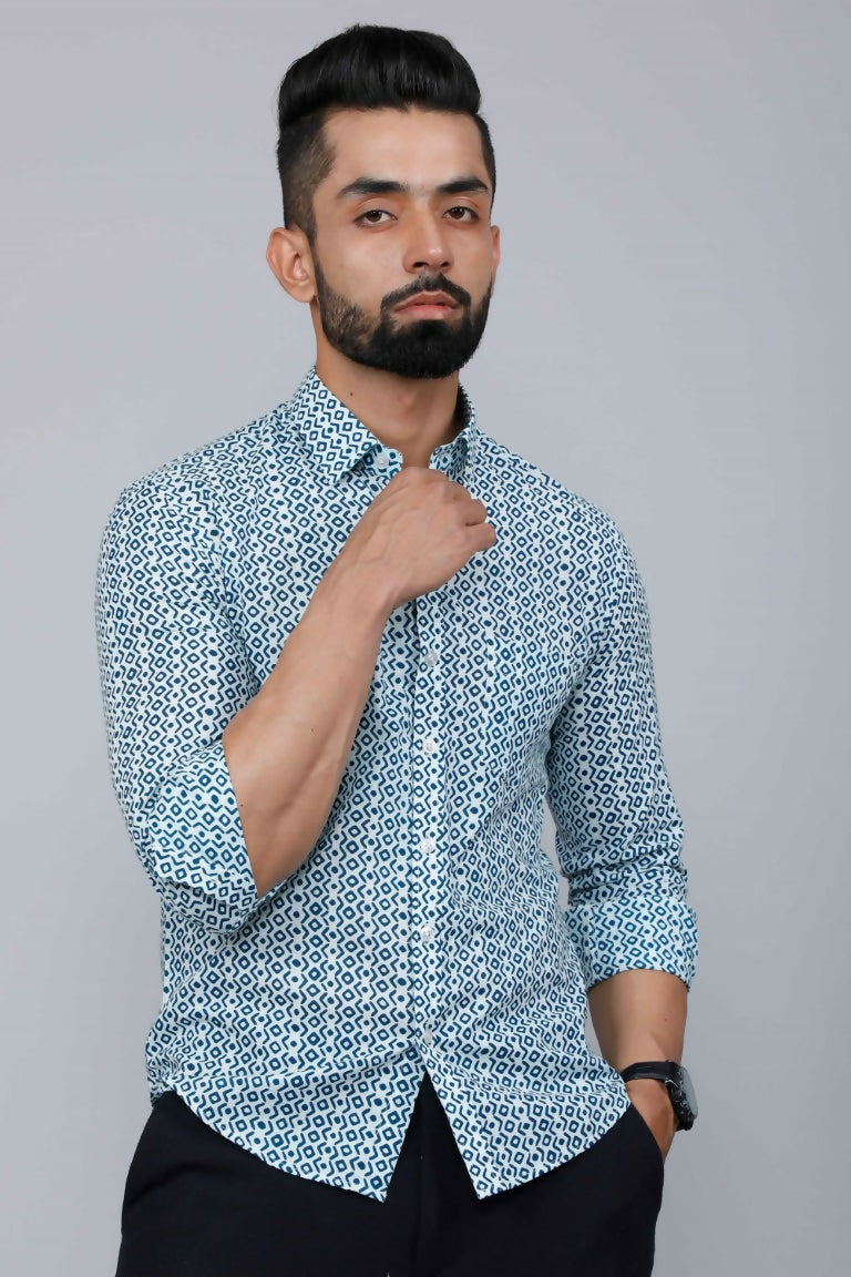 Miravan Men's White & Blue Premium Cotton Floral Print Casual Shirt | Grocsy