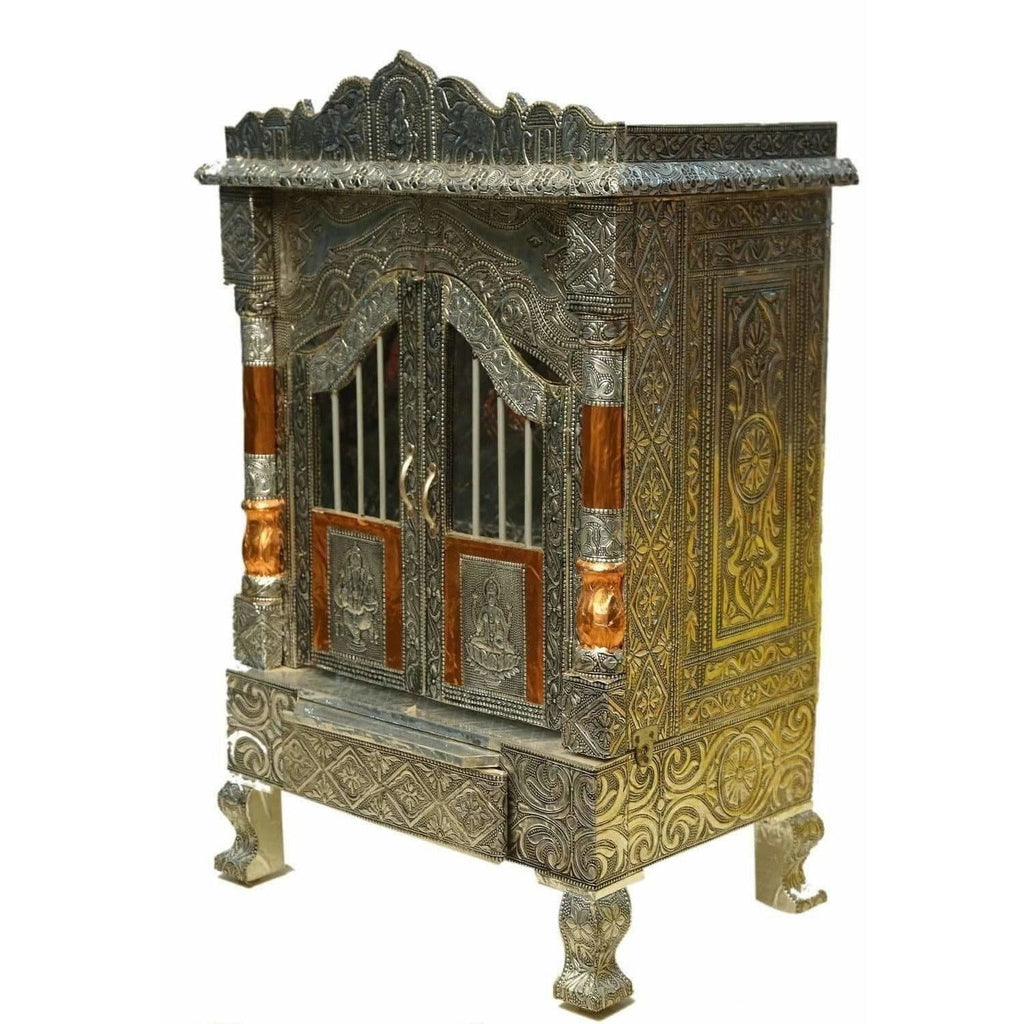 Silver Coated and Copper 2 Door Open Pooja Mandir / Pooja Mandiram Silver Coated and Copper | Grocsy