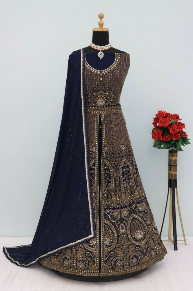 Vastranavya Navy Blue Georgette Embroidered Sequins Work Anarkali Style A Line Suits | Grocsy