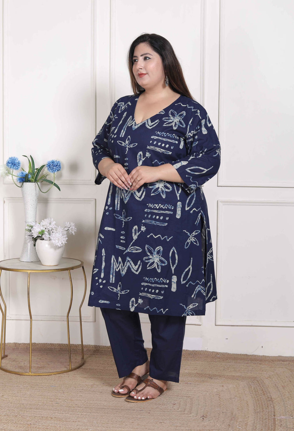 Miravan Women's Plus Size Abstract Printed Cotton Blue Kurta Set | Grocsy