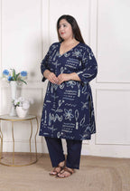Miravan Women's Plus Size Abstract Printed Cotton Blue Kurta Set | Grocsy