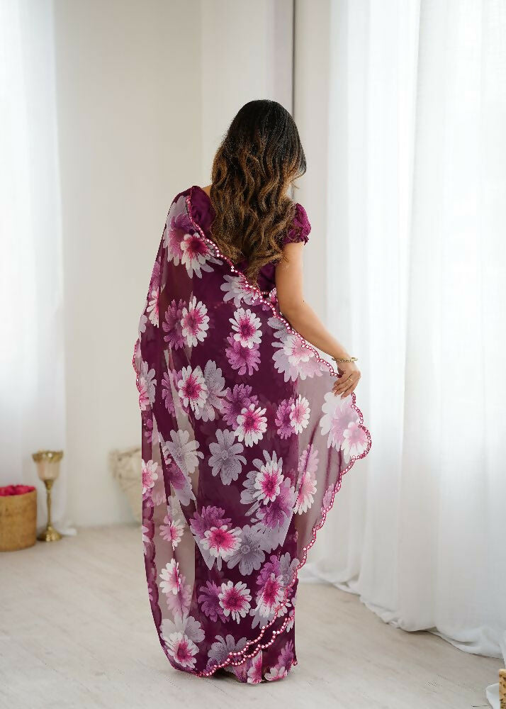 PR Fashion Purple Georgette Printed With Mirror Work Saree | Grocsy
