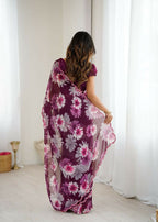 PR Fashion Purple Georgette Printed With Mirror Work Saree | Grocsy