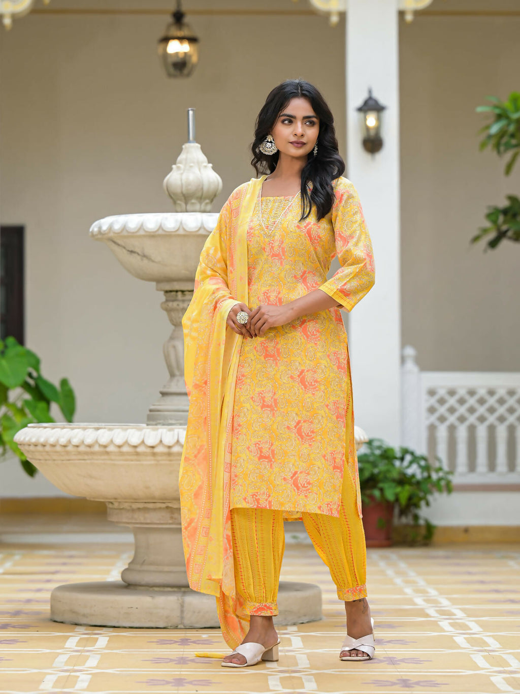 Juniper Women's Yellow Ethnic Motif Printed Cotton Kurta Pant With Dupatta Set With Sequins & Lace | Grocsy