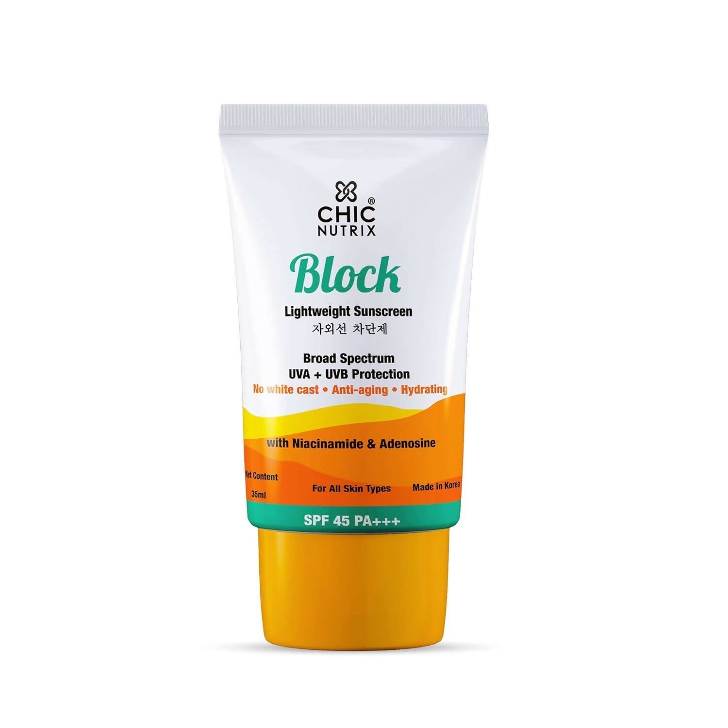 Chicnutrix Korean Block Lightweight Sunscreen SPF 45 PA+++ UVA + UVB Protection, Reduces Fine Lines And Wrinkles, Korean Skincare | Grocsy