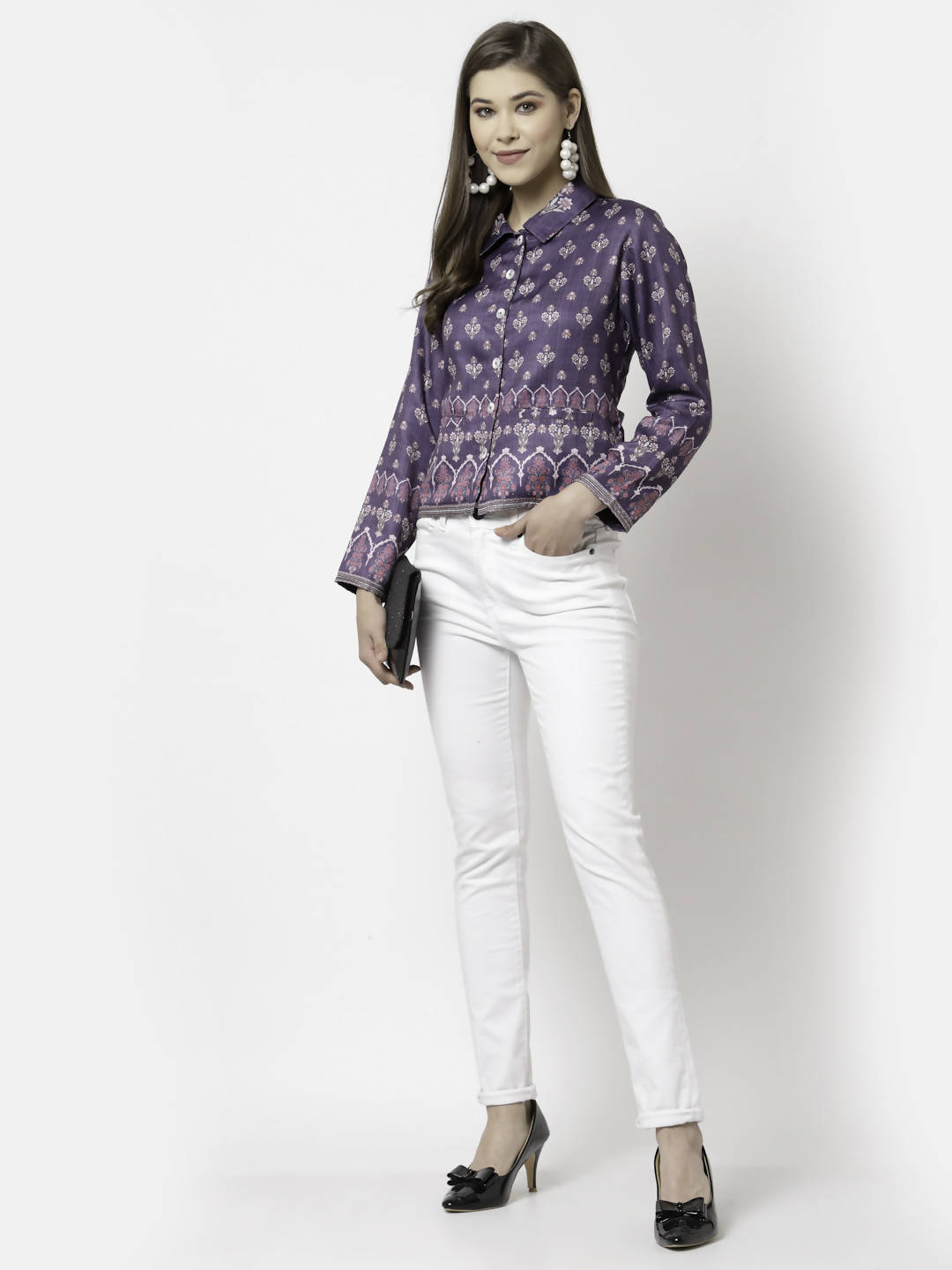 Myshka Women Purple Cotton Blend Printed Full Sleeve Shirt Collar Casual Jacket | Grocsy