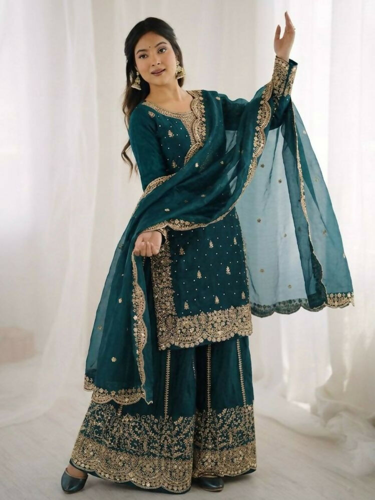 Teeya Creation Teal Color Fendy Silk Embroidery Work Wedding Wear Salwar Suit | Grocsy