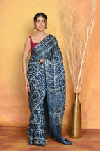 Very Much Indian Modal Silk Ajrakh Handblock Printed Natural Dyes Sleek Border Saree - Powder Blue | Grocsy