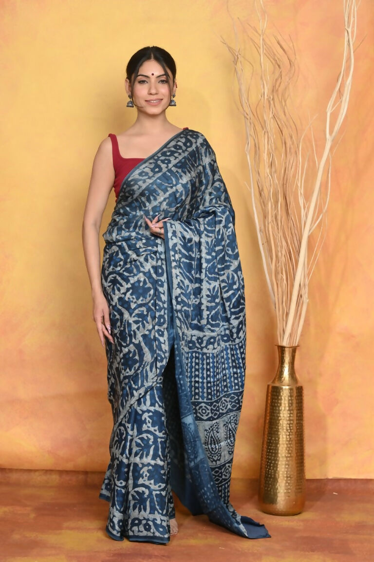 Very Much Indian Modal Silk Ajrakh Handblock Printed Natural Dyes Sleek Border Saree - Powder Blue | Grocsy