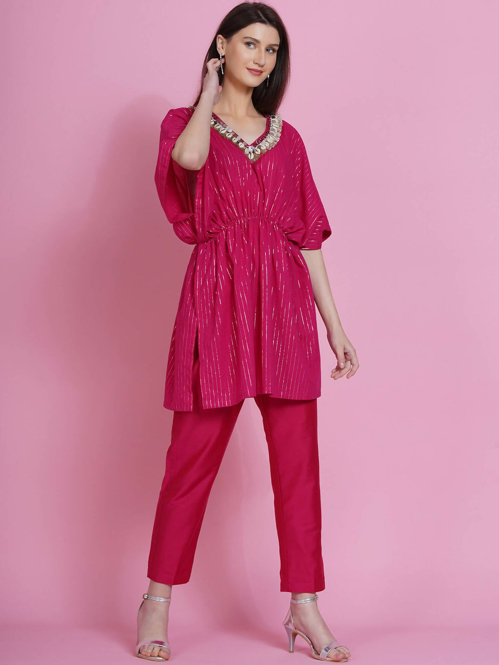 Women Republic Pink Lurex Cotton Kaftan Style Kurta With Pants | Grocsy