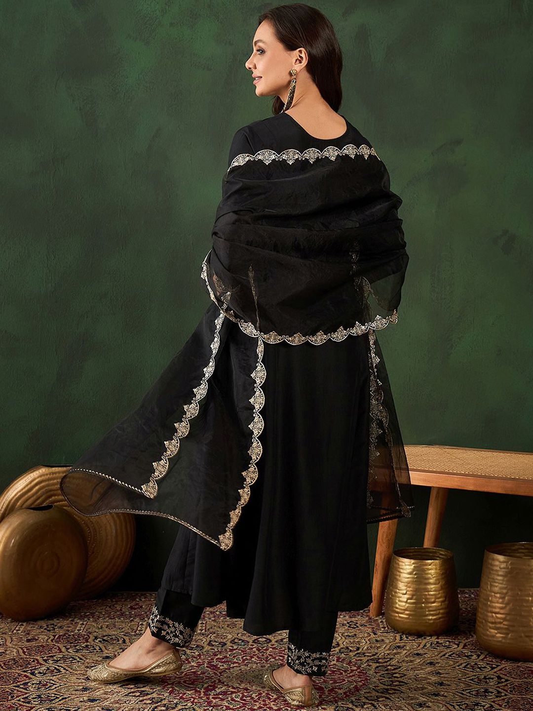 Sangria Black Floral Embroidered Round Neck Zari A-Line Kurta With Trouser & Dupatta | Grocsy