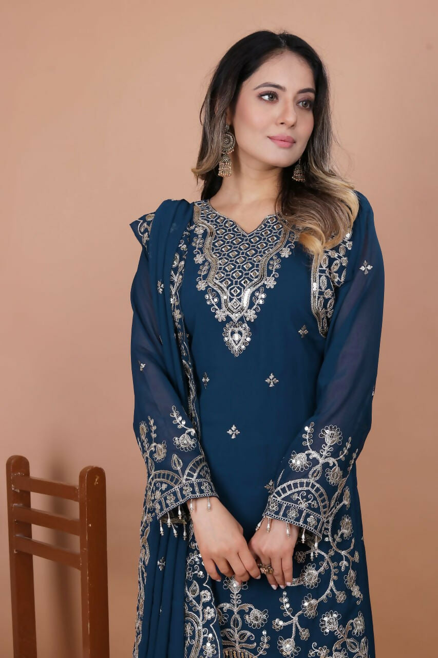 Teeya Creation Blue Faux Georgette Embroidery Work Salwar Suit | Grocsy