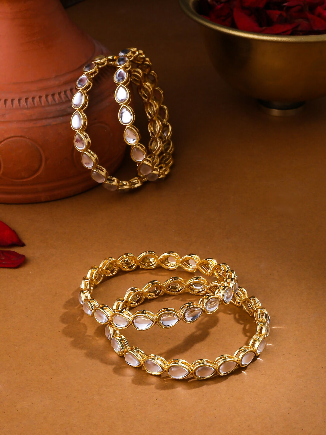 NVR Women's Set of 2 Gold-Polished Kundan Studded Traditional Bangles | Grocsy