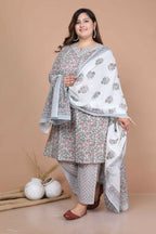 Miravan Women's Plus Size Blue Floral Printed Gota Patti Cotton Kurta With Palazzo And Dupatta Set | Grocsy