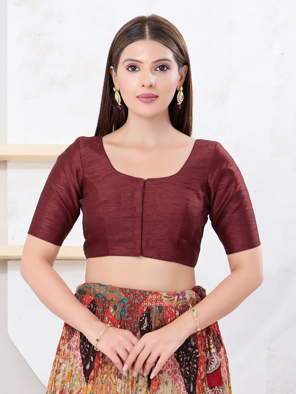 Joban Fashion Maroon Dupion Silk Elbow Sleeveless Front Open Blouse | Grocsy