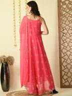 Myshka Women's Pink Georgette Sleeveless Flayered Party Kurta With Dupatta Set | Grocsy