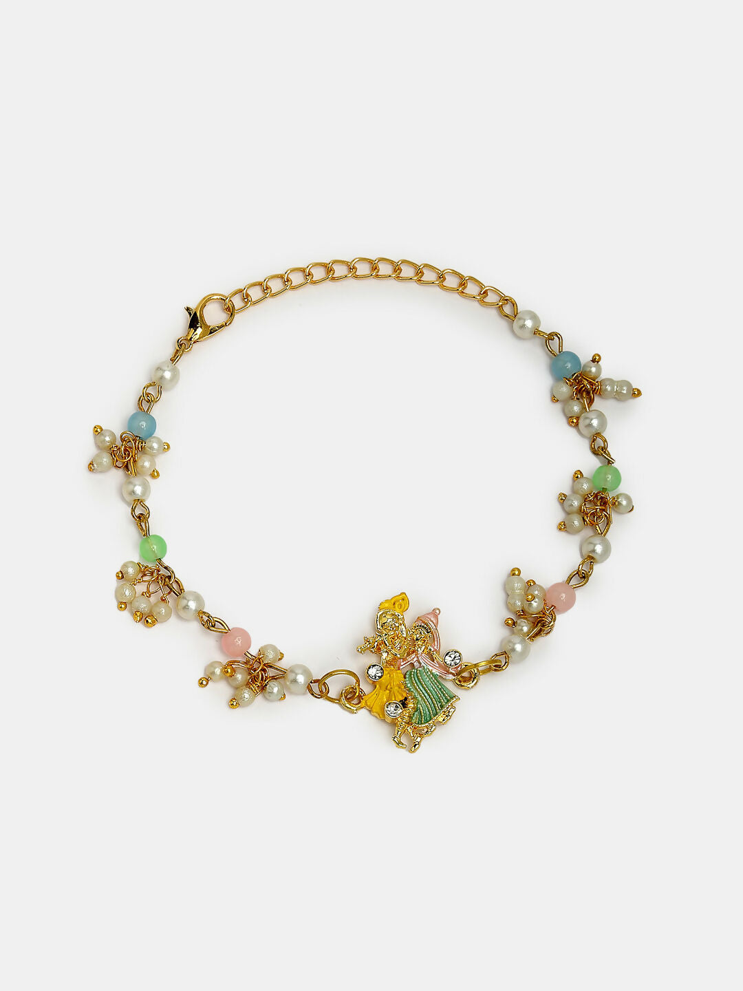 NVR Women & Men Set of 2 Multicolor Gold-Toned Radha Krishna Beaded Bhaiya Bhabhi Rakhi With Roli Chawal & Chocolate | Grocsy