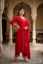 Teeya Creation Designer Red Ethnic Suit Set With Floral Hand-Embroidered Borders Dupatta | Grocsy