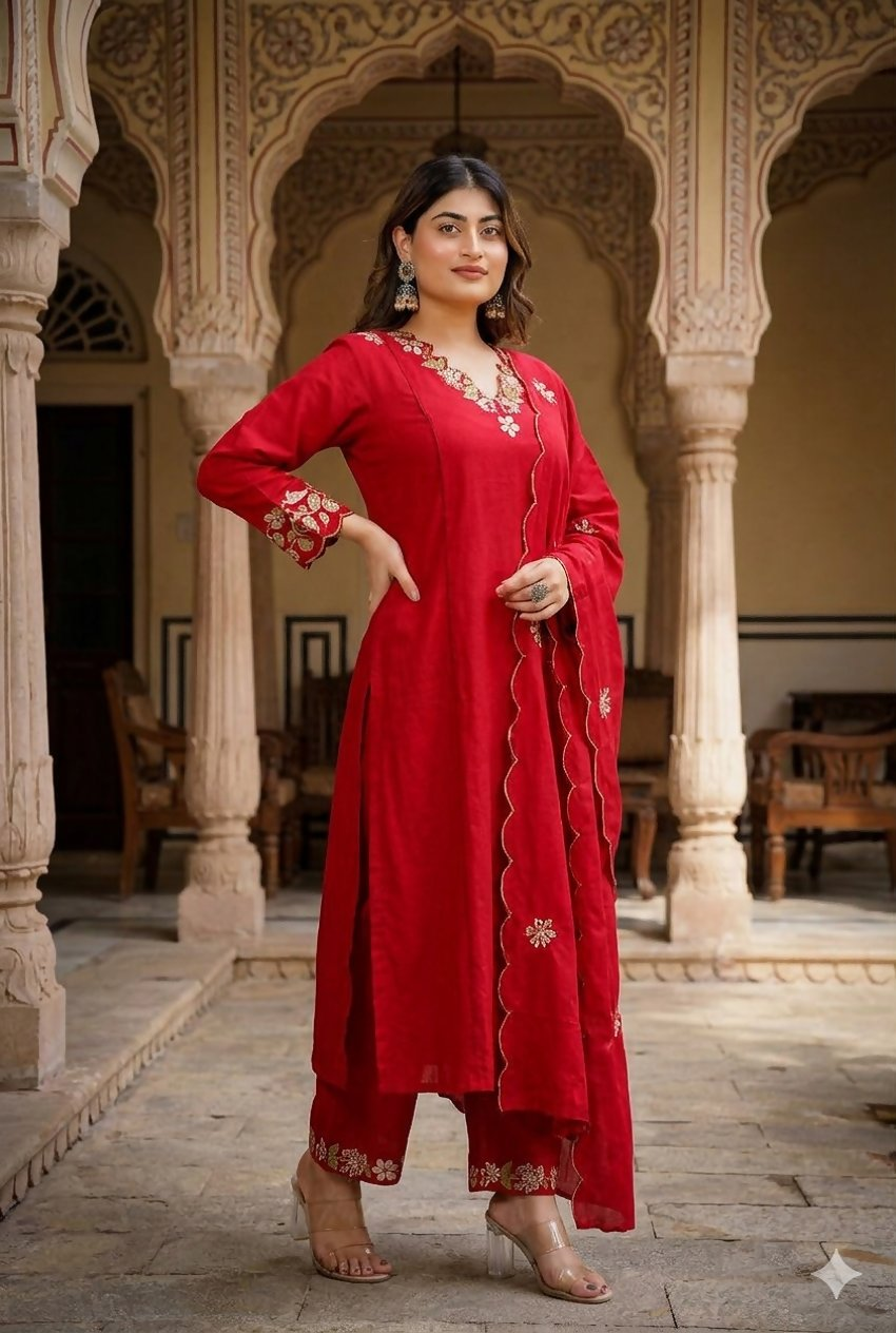 Teeya Creation Designer Red Ethnic Suit Set With Floral Hand-Embroidered Borders Dupatta | Grocsy