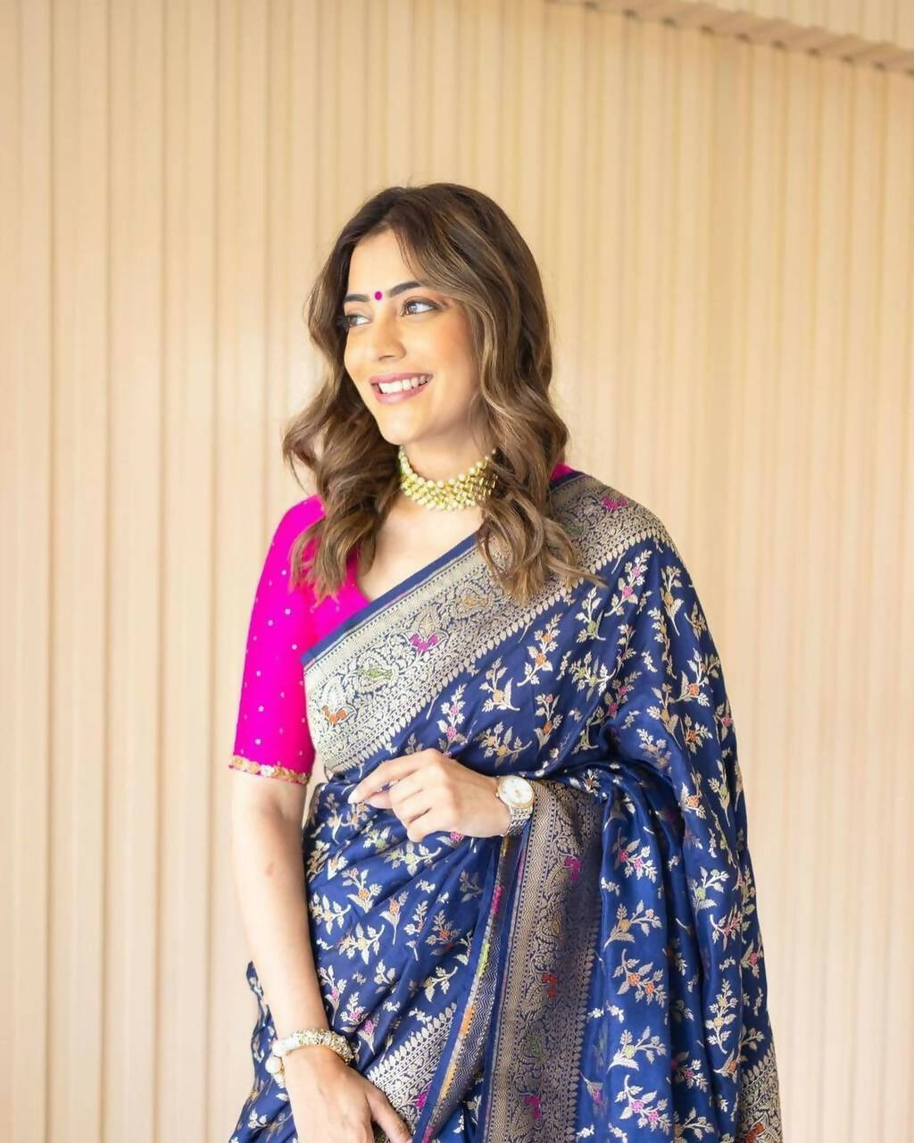 DEIANA'S Beautiful Designer Golden zari Soft Lichi Silk Saree - Navy Blue | Grocsy