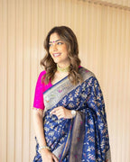DEIANA'S Beautiful Designer Golden zari Soft Lichi Silk Saree - Navy Blue | Grocsy