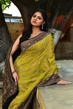 Joban Fashion Green Crepe Chiffon Pure Handloom Banarasi Silk Saree | Grocsy