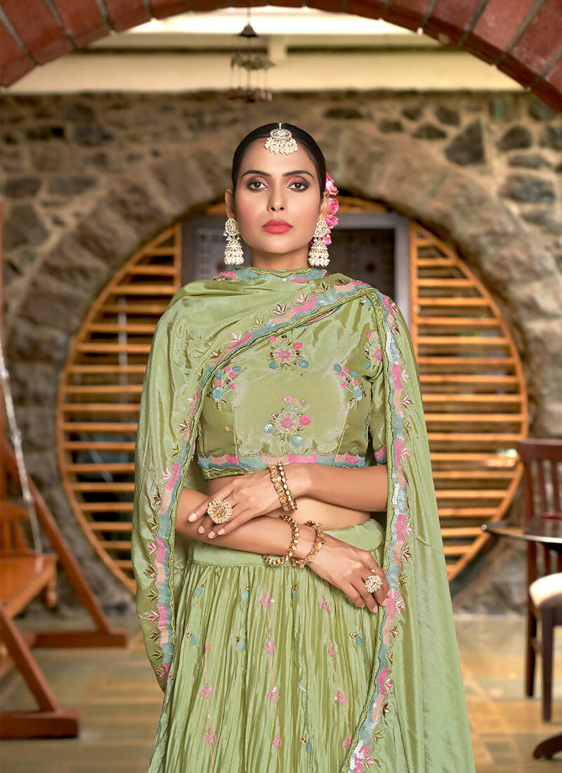 Green Chinon Crushed Sequence and Thread Embroidery Work Lehenga Choli with Dupatta - Viharini | Grocsy