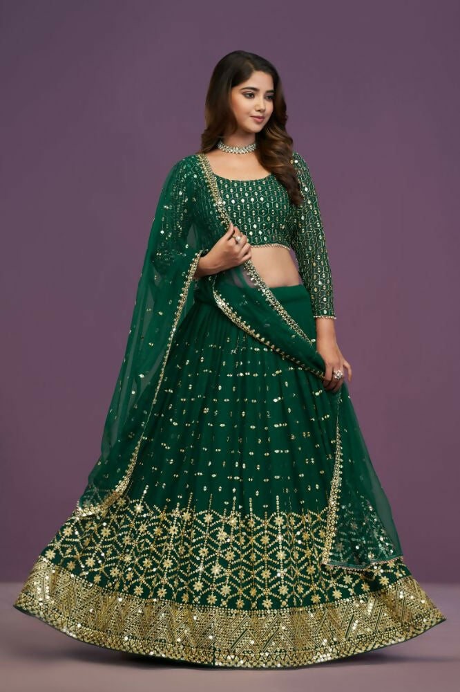 Green Georgette Embroidery Sequence Work Lehenga Choli Set - Jihu Culture | Grocsy
