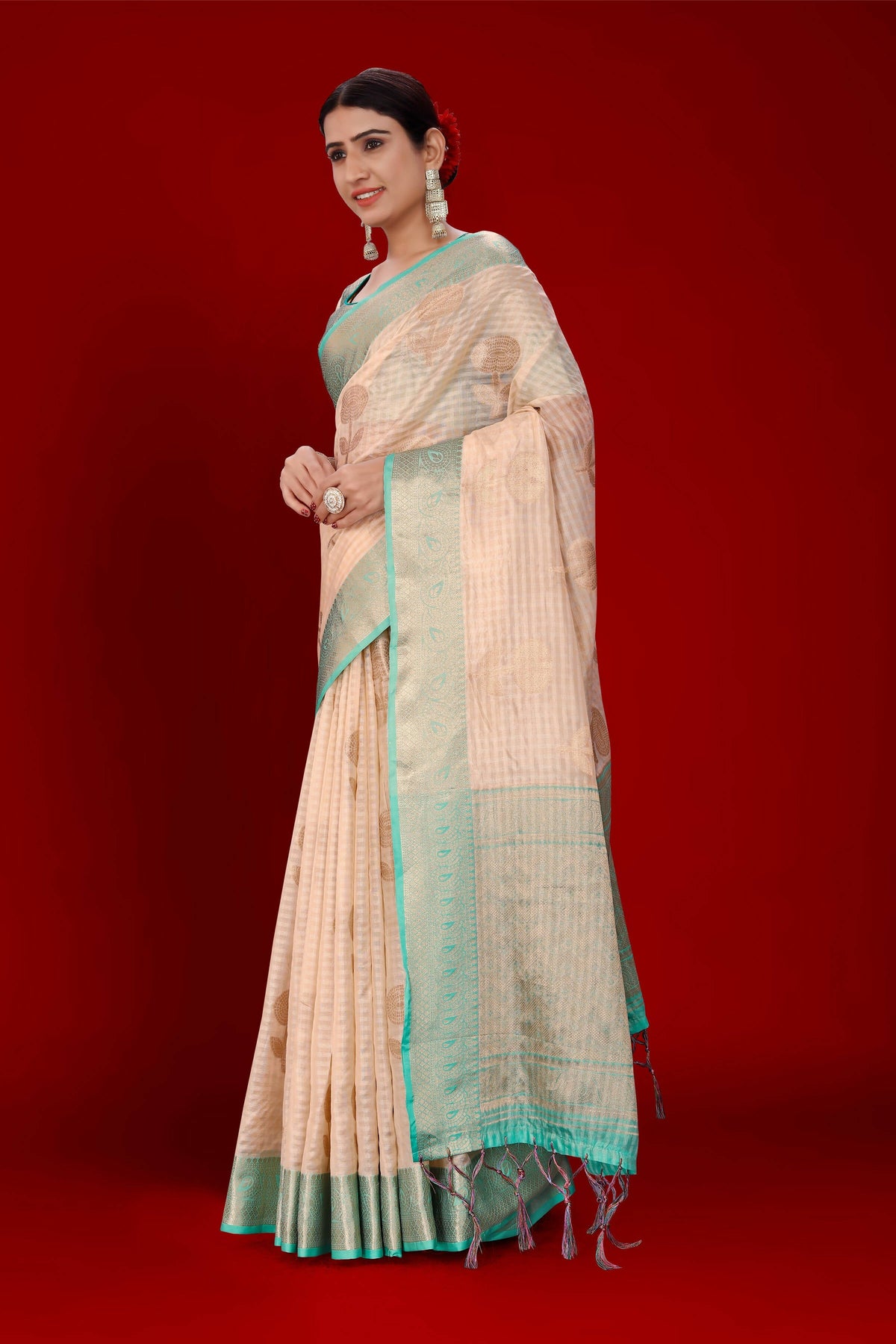 Peach Soft Organza Woven Design Saree With Unstitched Blouse Piece - Zaara | Grocsy