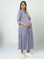 Manet Three Fourth Maternity Dress White Dot Print With Concealed Zipper Nursing Access - Blue | Grocsy