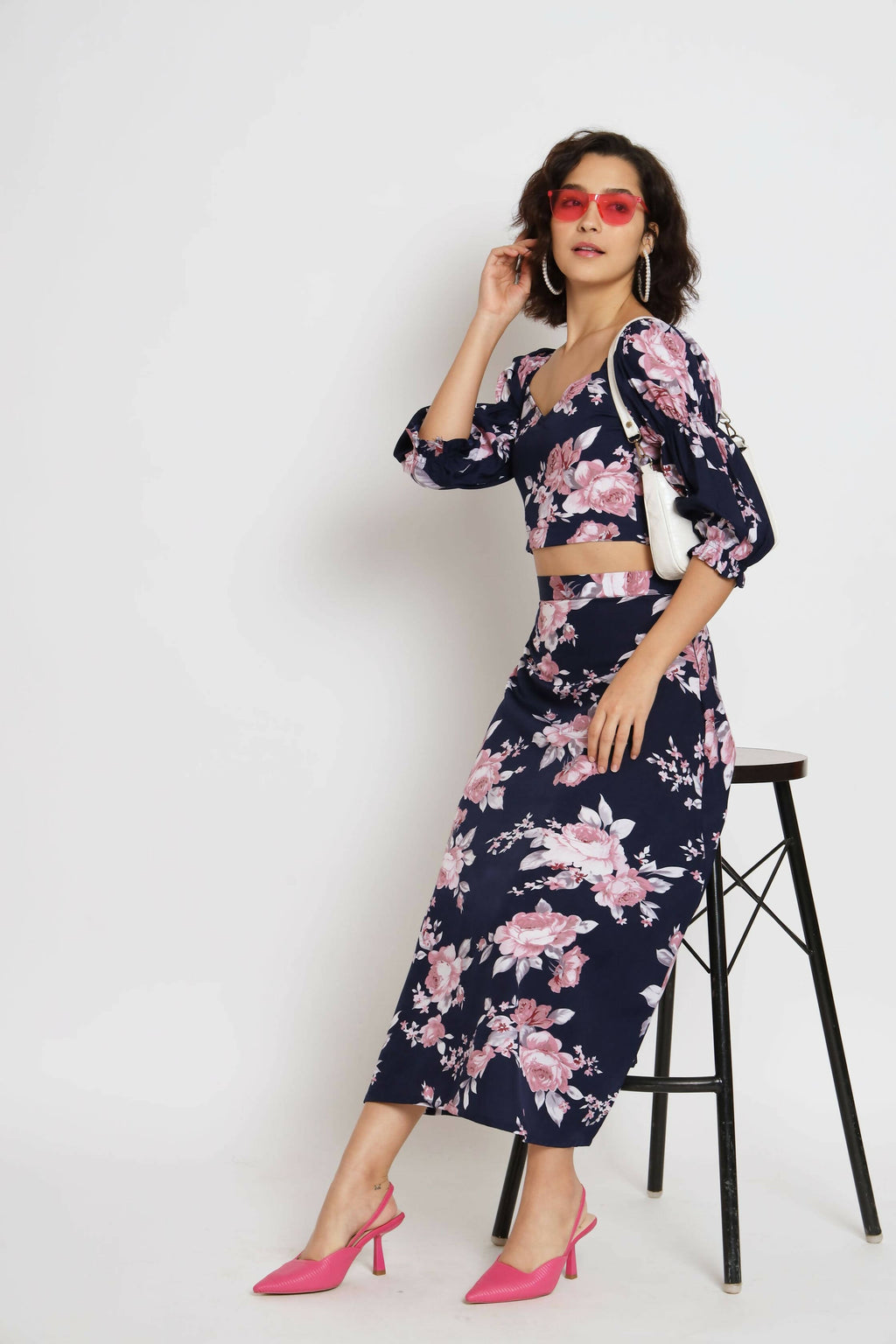 Blue Crepe Floral Printed Top with Matching Skirt - Shivani | Grocsy